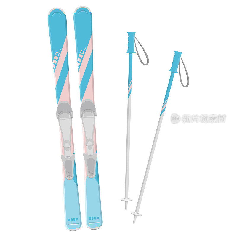背景上孤立的蓝色滑雪板和滑雪杖的矢量插图。