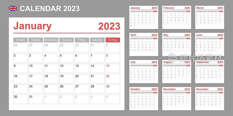 2023年英国日历。一周从星期一开始。简单的向量模板。业务设计计划。