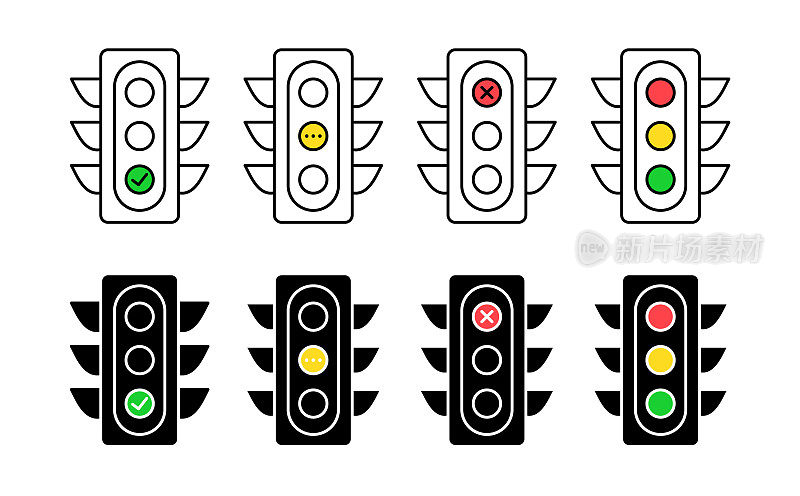 矢量交通灯图标。可编辑的中风。设置线和剪影红黄绿标志。允许拒绝等待信号。监管红绿灯安全街道。简单的交通路标