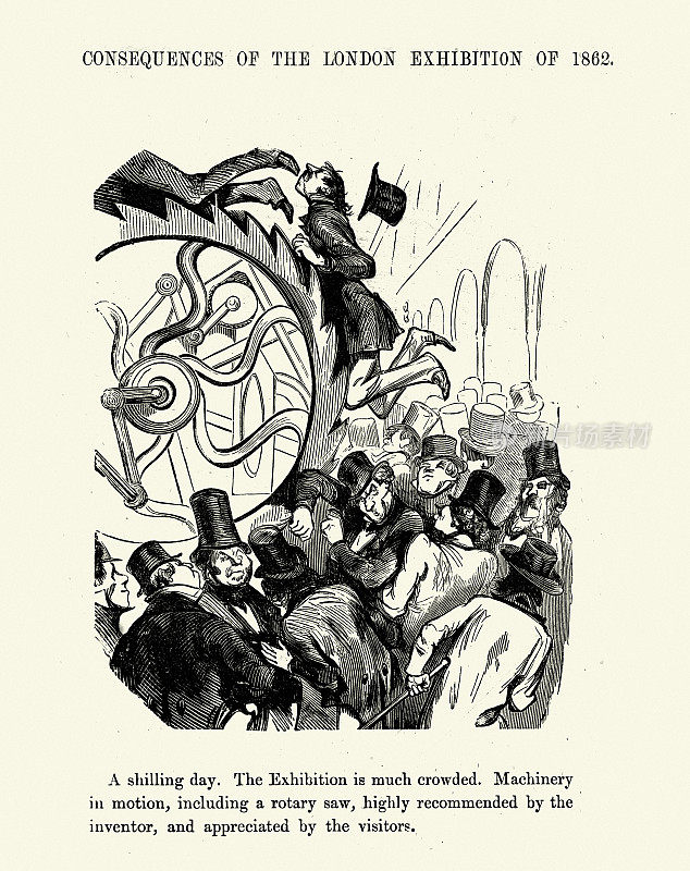古斯塔夫・多雷的老式漫画，拥挤在机器展览，1862年伦敦展览的余波