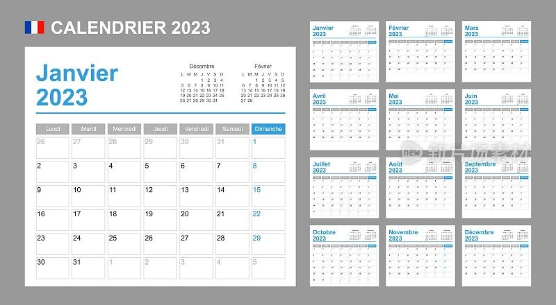 2023年的法国日历。一周从星期一开始。简单的向量模板。业务设计计划。