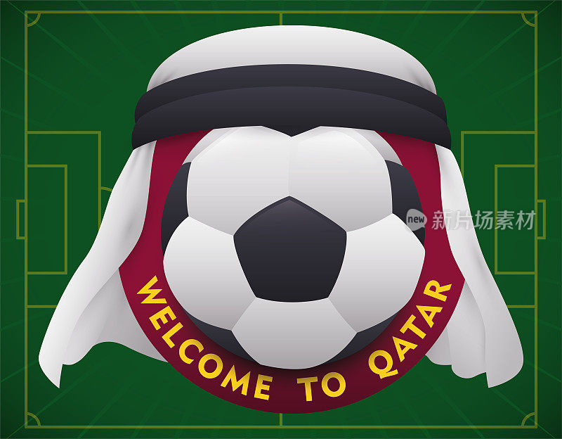 Kufiya为卡塔尔体育赛事报道按钮和足球