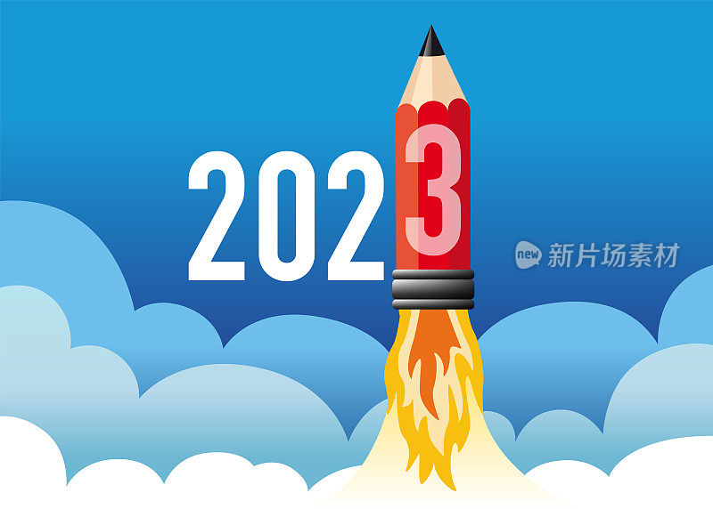 2023年贺卡的概念，展示了火箭形状的铅笔。