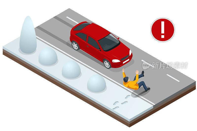 一个身材等长的人在冬天的路上滑倒在一辆驶过的汽车前面。路上有危险情况。路上的人请注意