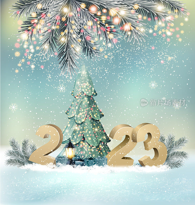 圣诞快乐和新年快乐的背景，2023字母，圣诞抽象树和发光的圣诞树灯。向量。