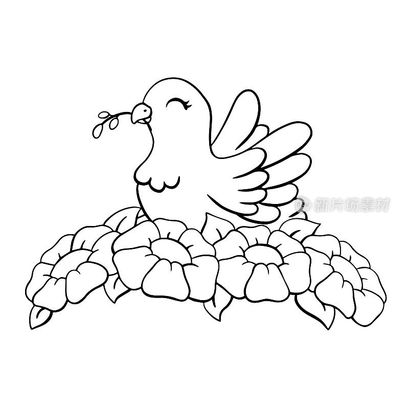 一只可爱的鸽子，嘴里叼着橄榄枝。儿童涂色页。数字印章。卡通风格的角色。矢量插图孤立在白色背景上。