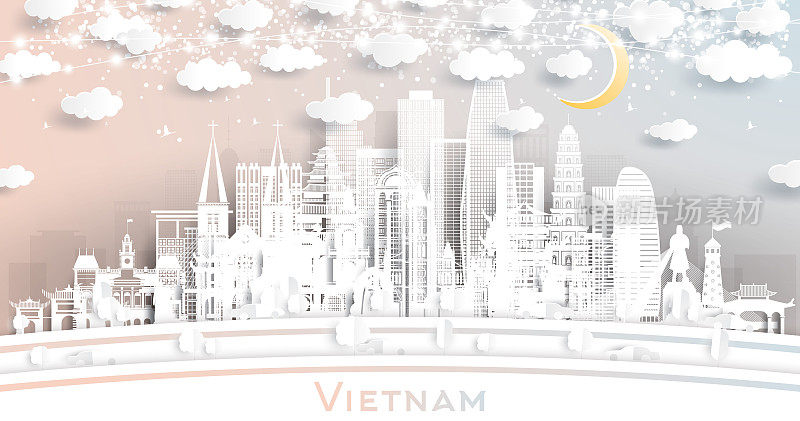 越南城市天际线剪纸风格与白色建筑，月亮和霓虹花环。