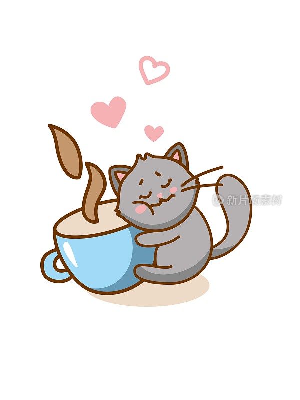 可爱的猫咪抱着咖啡杯。可爱的猫咪贴纸。