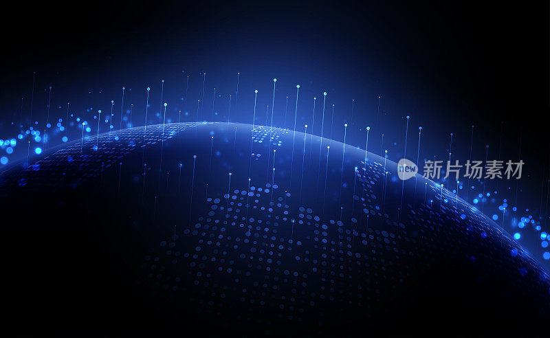 数字技术全球全球网络互联网连接蓝色背景，抽象网络技术未来星球地图世界，Ai大数据，创新5g无线wifi未来，插图向量