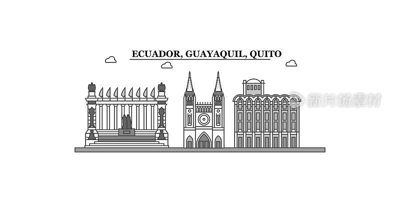 厄瓜多尔瓜亚基尔，基多城市天际线孤立矢量插图，图标