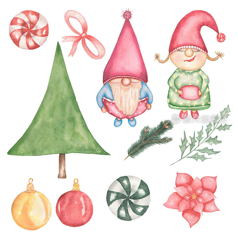圣诞小精灵和新年装饰水仙集圣诞树，圆糖果，圣诞装饰，弓，冷杉，分支。斯堪的纳维亚冬季精灵。