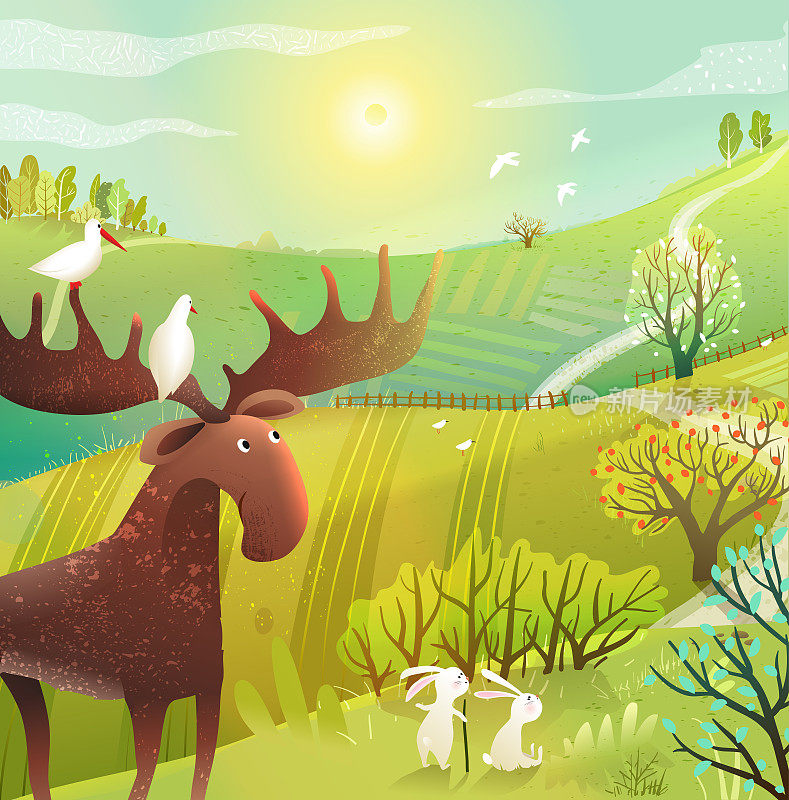 麋鹿和兔子在野生自然风景的孩子