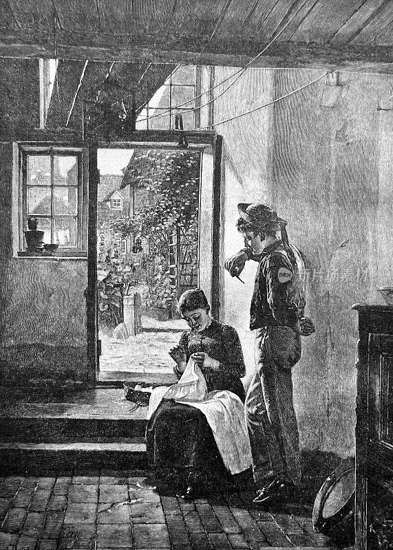 一个年轻的女人在一扇敞开的门前做针线活，走到花园里去，一个年轻的男人站在她旁边和她调情