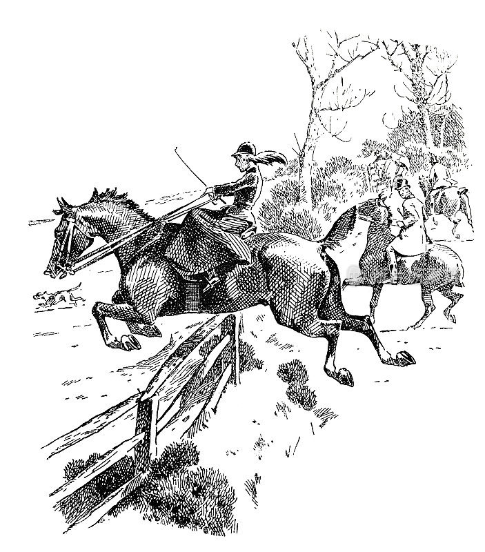 年轻的女骑手跳过栅栏，侧面