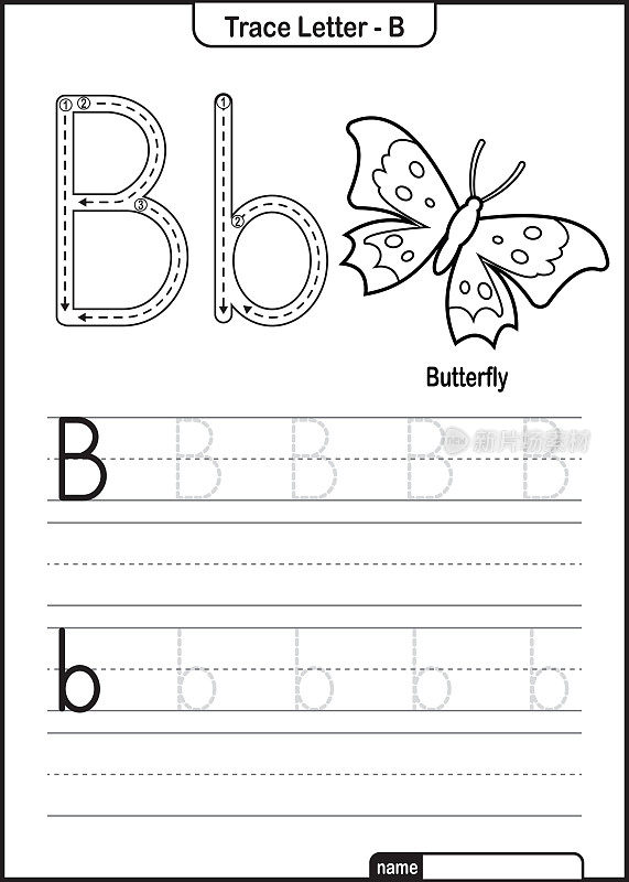 字母跟踪字母A到Z学龄前工作表与字母B蝴蝶亲矢量