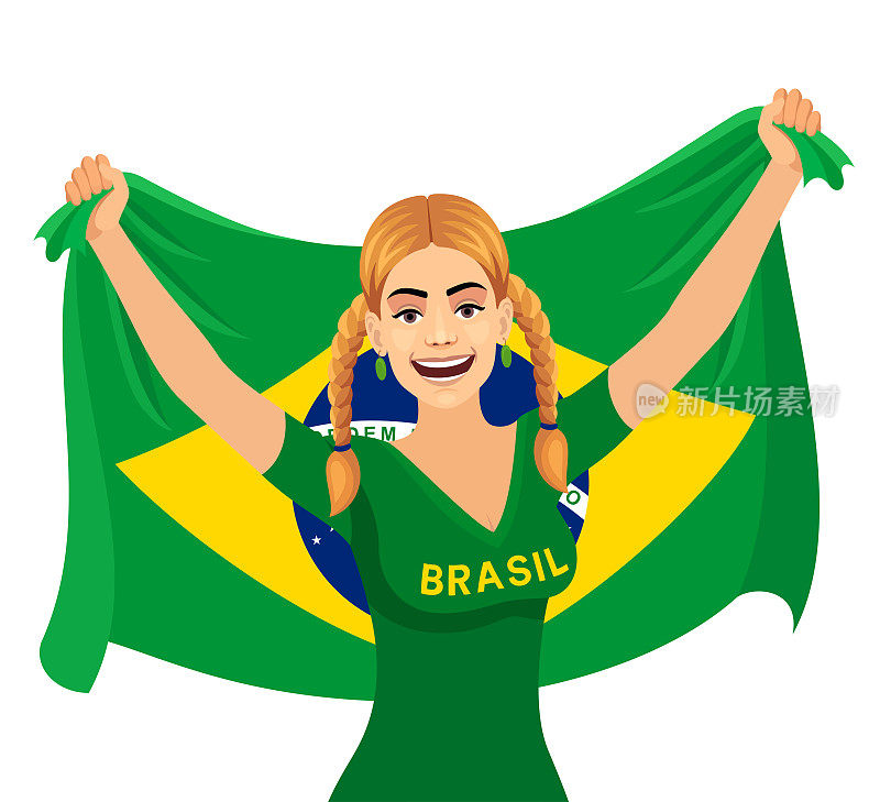 巴西年轻女子举着巴西国旗庆祝。
