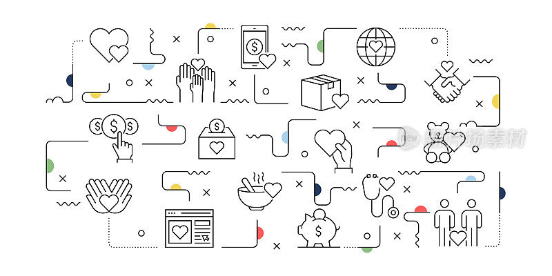 慈善和捐赠相关的矢量横幅设计概念，现代线条风格与图标