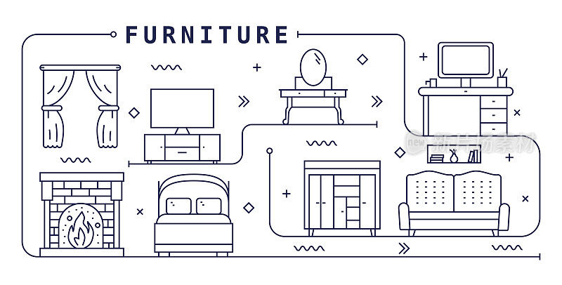 家具矢量设计。设计是可编辑的，颜色可以改变。矢量创意图标集:沙发，椅子，床，书桌，衣柜，书桌，卧室