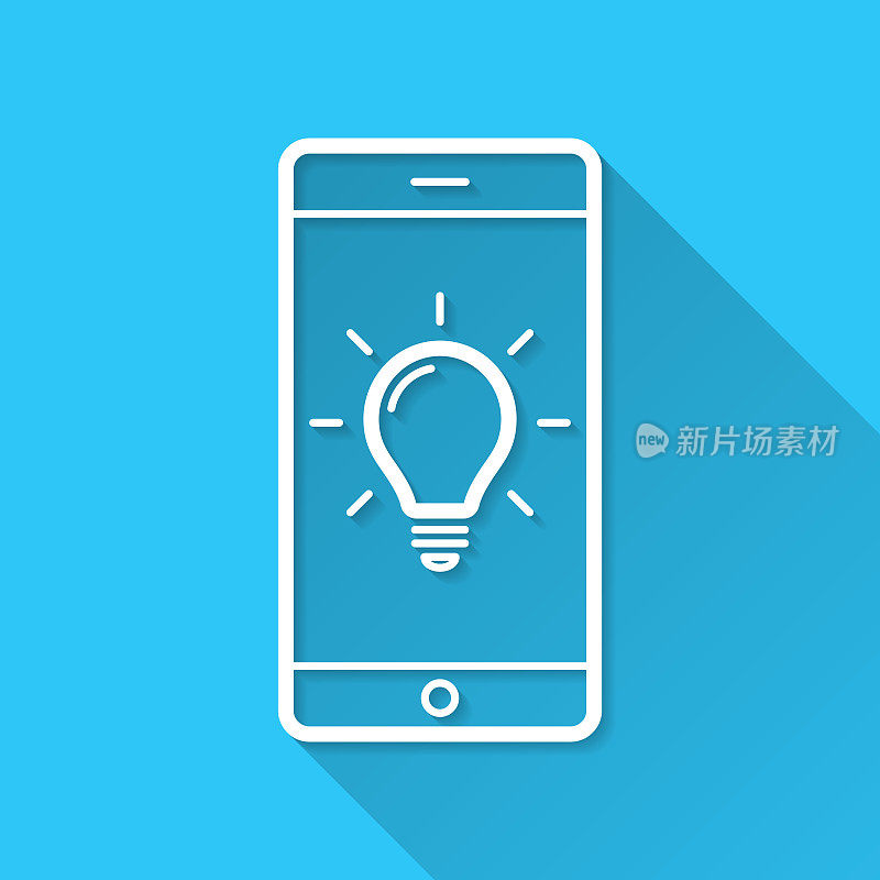 带灯泡的智能手机。图标在蓝色背景-平面设计与长阴影