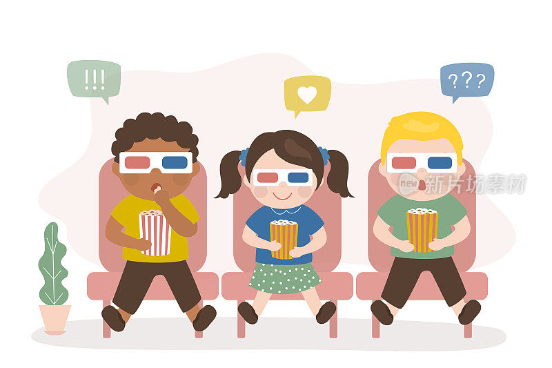 快乐的孩子们坐在电影院看电影。戴着立体眼镜的多民族朋友正在看3d电影。可爱的角色正在吃爆米花，看着屏幕。