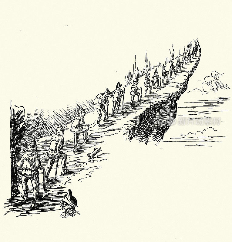 一排男人沿着陡峭狭窄的山路往上走