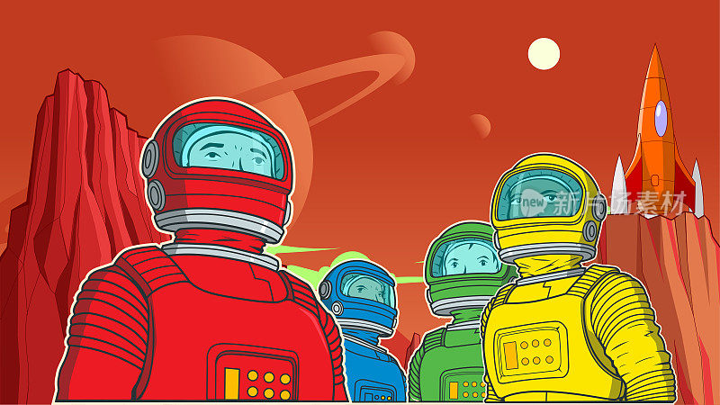 卡通宇航员队在红色星球海报股票插图
