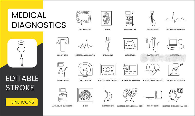 医学诊断线图标设置在矢量、胃镜和胃镜、超声和心电图、胃镜和x线、实验室研究。可编辑的中风。