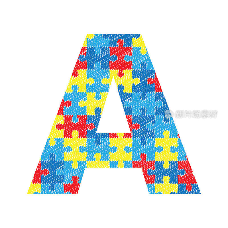 字母A由各种各样的拼图组成。自闭症宣传月的象征。