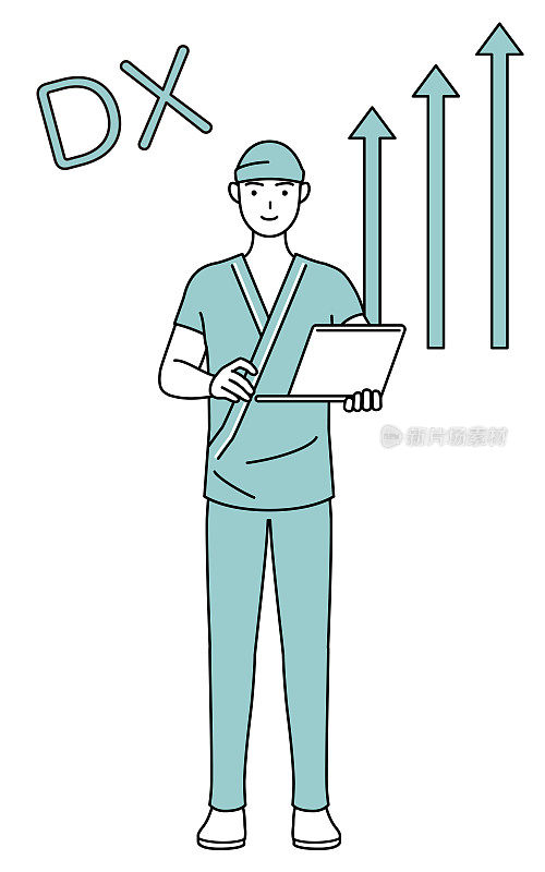 DX的图像，男病人入院时穿着医院的长袍，他已经成功地改善了他的生意