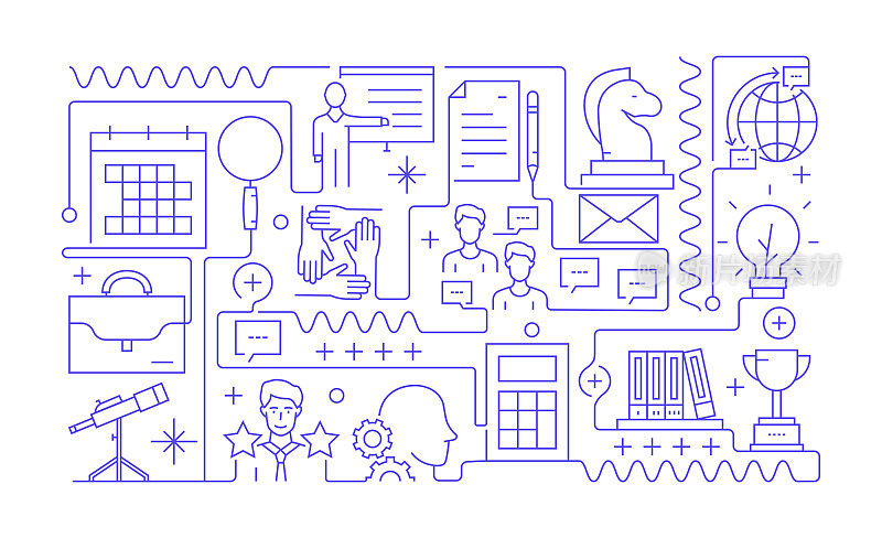 业务相关线横幅设计。战略,团队合作,合作,经理,解决方案,成功。