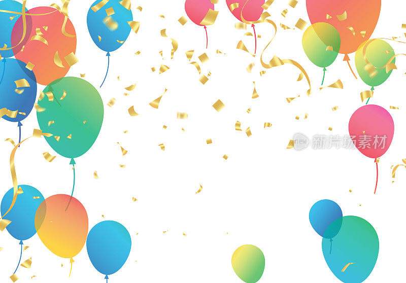 祝你生日快乐，白色背景。用气球、三角旗和五彩纸屑装饰节日。贺卡可以用于祝贺，海报和横幅。