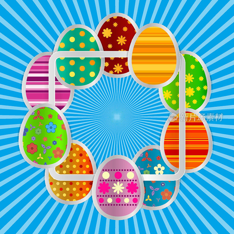 春天的问候背景有复活节彩蛋。方形灯框上的彩蛋图案。蓝色背景上的淡蓝色光线。矢量贺卡与快乐的复活节!