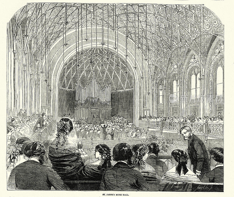 观众在圣詹姆斯音乐厅听古典音乐会，伦敦，维多利亚时代的历史，19世纪50年代