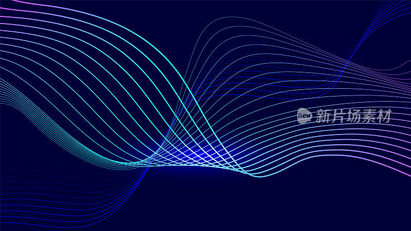 深蓝色抽象背景上的动态蓝色粒子波。抽象声音可视化。发光粒子波流的数字结构。