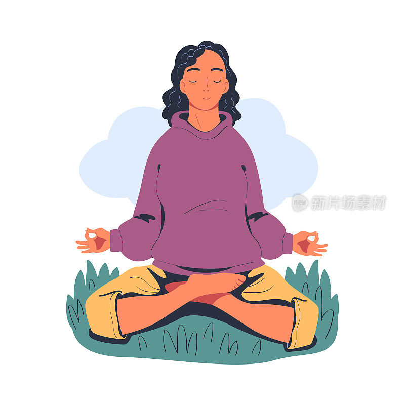 年轻女子坐在荷花上，在大自然中沉思。冥想练习，和谐，健康的生活方式卡通矢量插图
