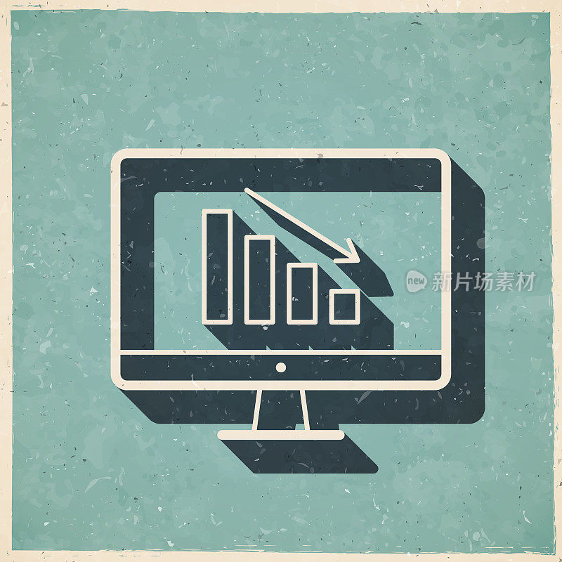 桌面电脑上的递减图表。图标复古复古风格-旧纹理纸