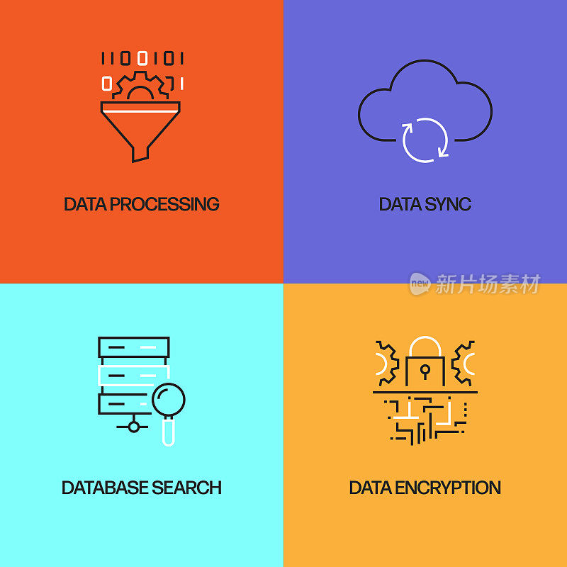大数据相关的矢量细线图标。轮廓符号集合