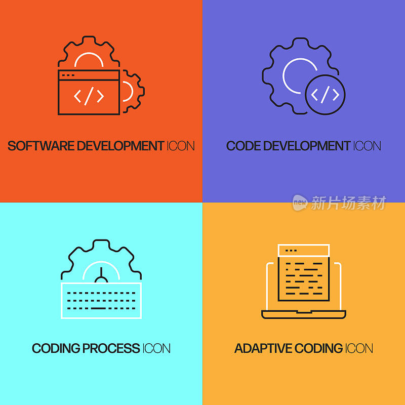 编程相关的矢量线图标。轮廓符号集合