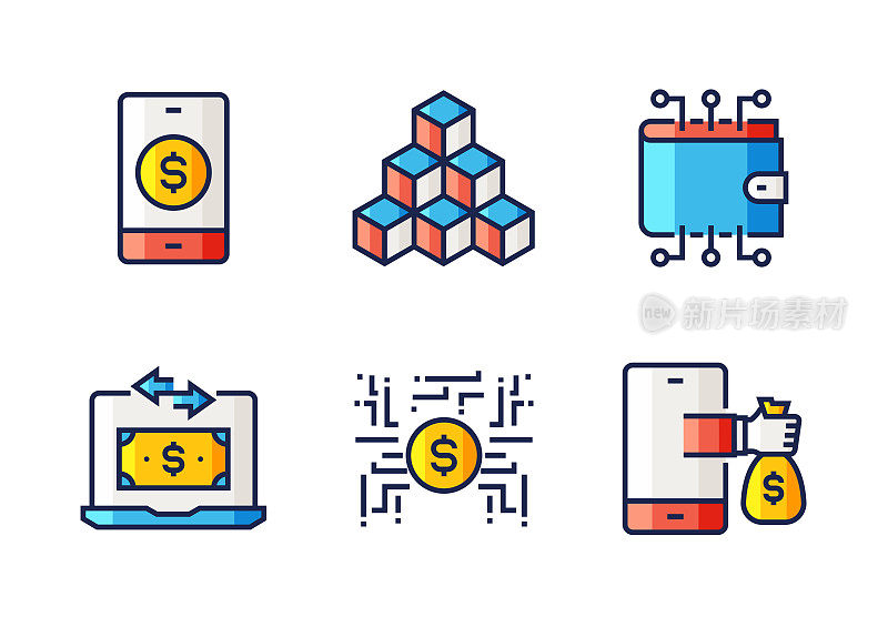 金融科技相关的矢量细线图标。轮廓符号集合