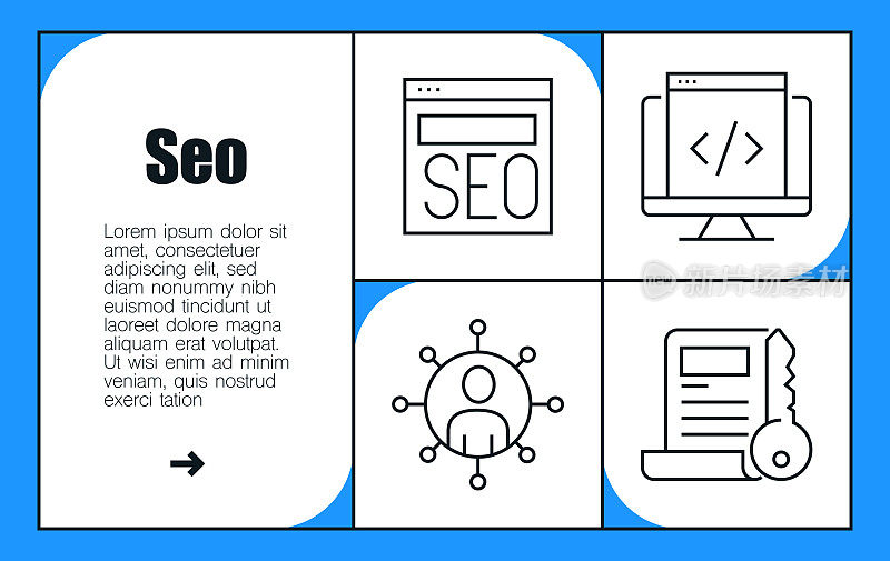 SEO线图标集和横幅设计。开发，营销，网络，搜索引擎，网页设计