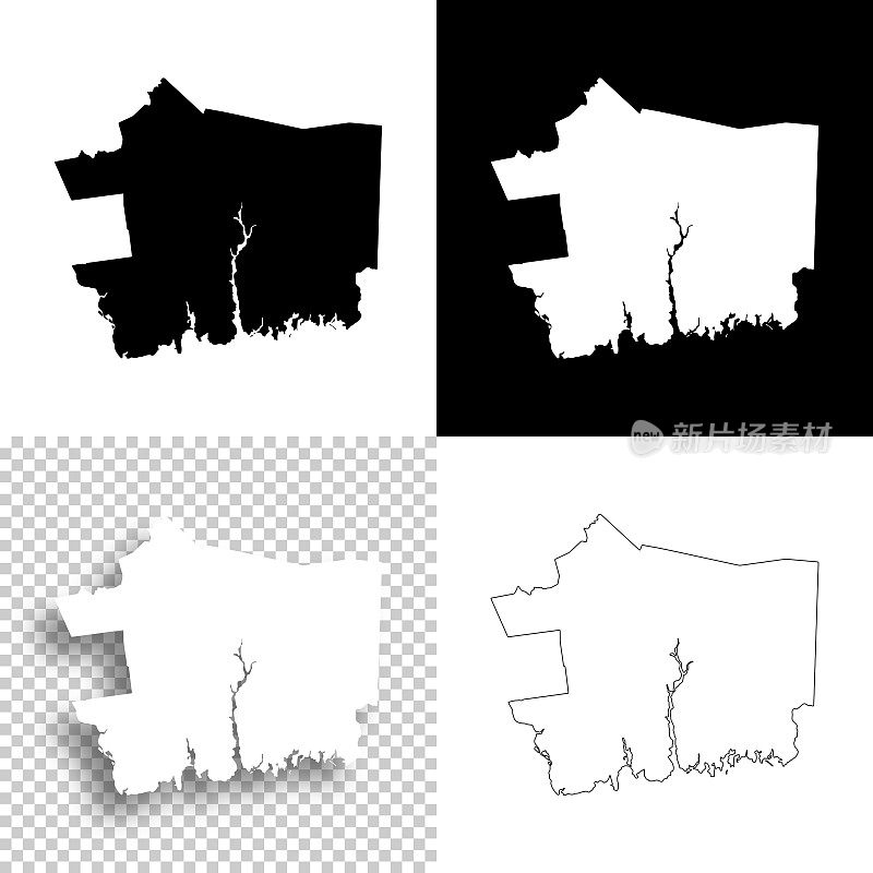 康涅狄格州新伦敦县。设计地图。空白，白色和黑色背景