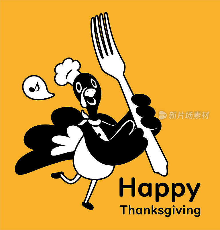 可爱的单色设计，一只火鸡厨师在感恩节拿着大叉子跳舞