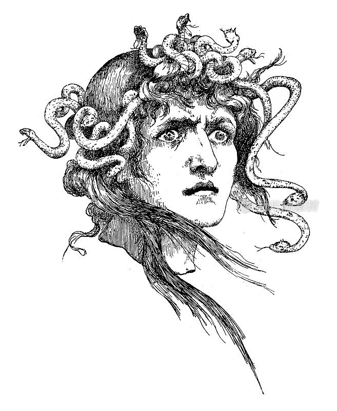 年轻女子头上有蛇,看起来很愤怒