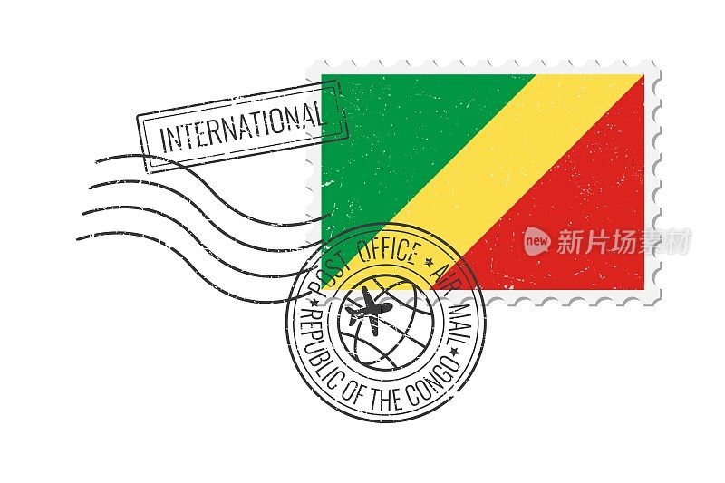 刚果共和国grunge风格邮票。老式明信片矢量插图与刚果国旗隔离在白色背景上。复古的风格。