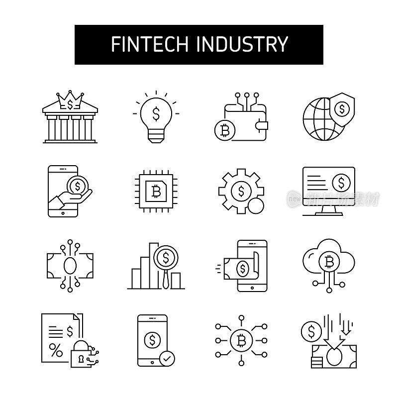 金融科技行业线图标集。科技、金融、区块链、未来主义、人工智能。