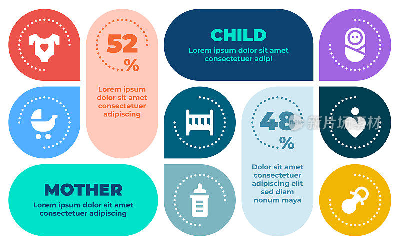 信息图表布局设计与图标的孩子和母亲