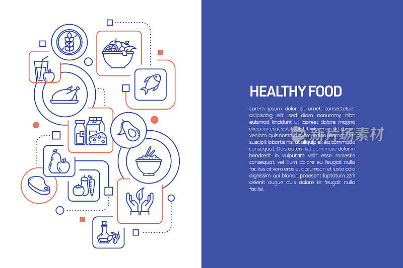 健康食品概念，矢量插图的健康食品与图标