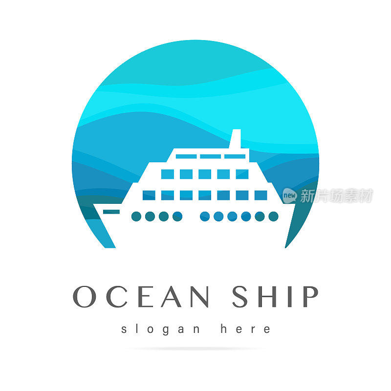 海上巡航抽象标志，船舶业务图标，标志远洋班轮远航旅行，标志游艇和皇家游艇俱乐部图形设计模板上的波浪蓝线背景。向量孤立的插图。