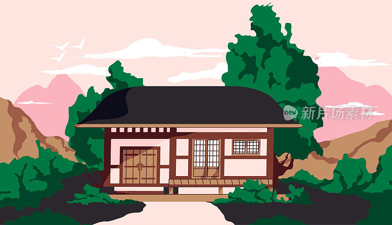 传统亚洲房屋平面卡通插图。韩国景观横幅设计。