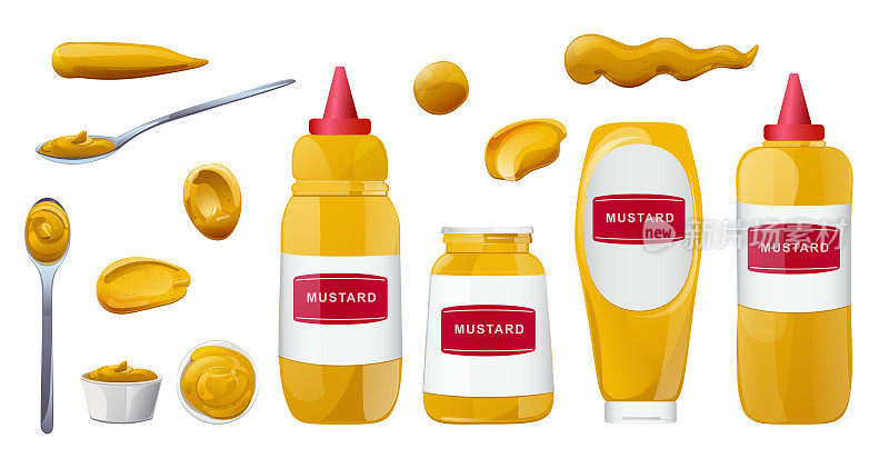 芥末瓶和水花溅起。第戎蜂蜜酱奶油。卡通风格的食品品牌向量设计。